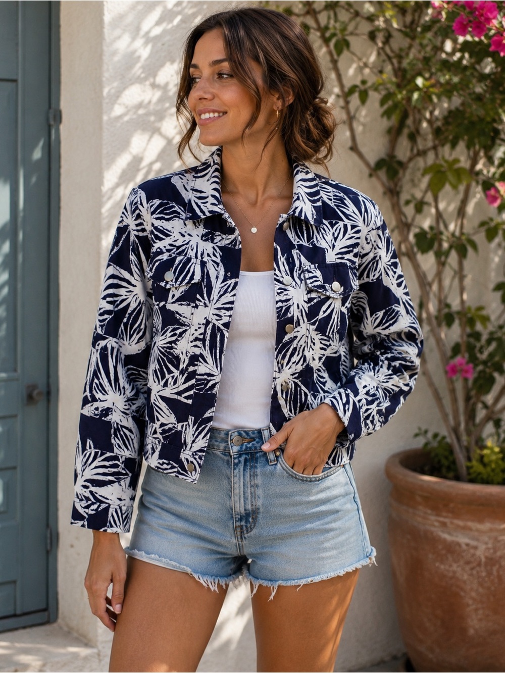 Coral Bay Navy & White Tropical Print Jean Jacket